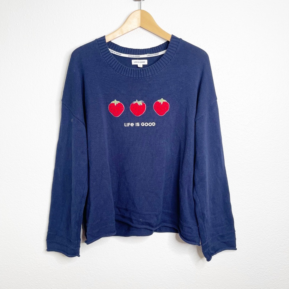 Life Is Good‎ Womens Navy Blue Strawberry Graphic Knit Sweater Crew Neck Large